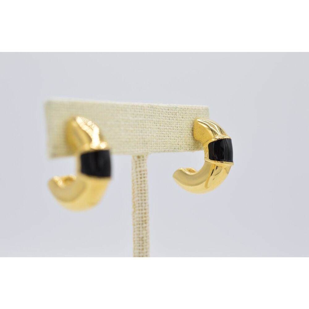 Givenchy Vintage Earrings Black Enamel Chunky Hoop Heavy Gold Signed 1980s 9C - Picture 5 of 11